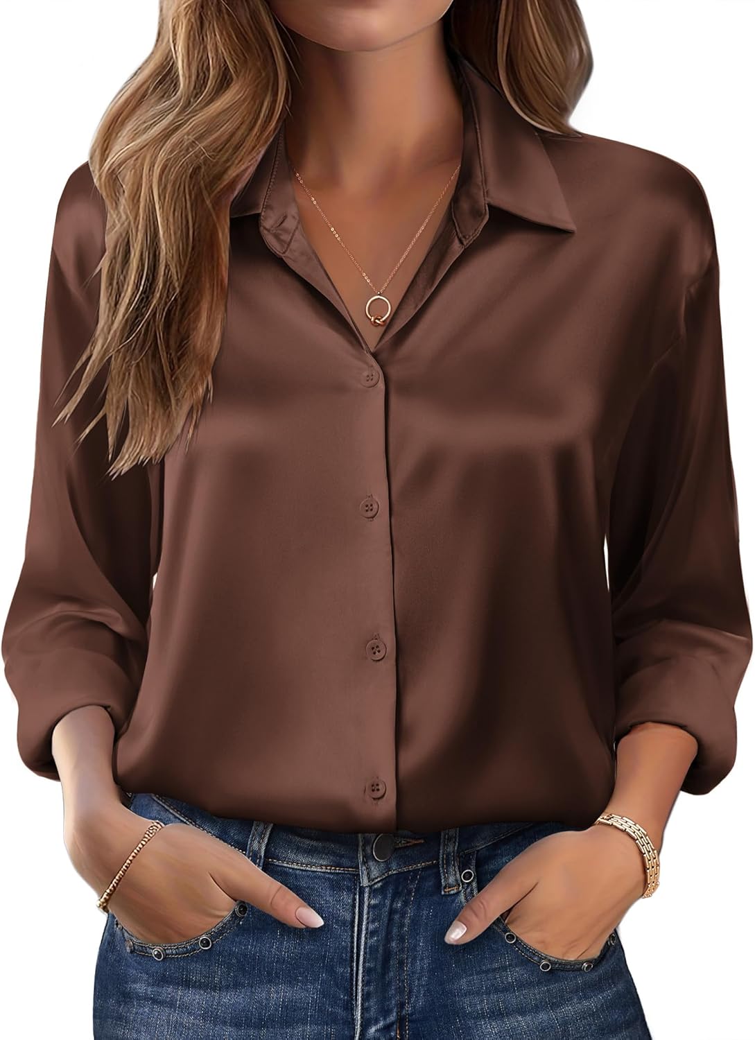 Zeagoo Womens Tops Long Sleeve Satin Silk Button Down Shirts Casual Business Dressy Blouses Fall Clothes