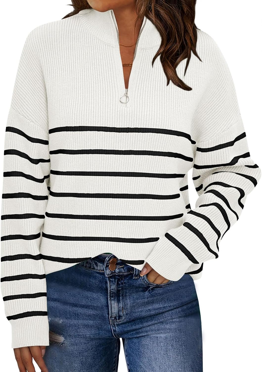 LILLUSORY Women's Quarter Zip Striped Oversized Sweater 2025 Mock Turtleneck Fall Fashion Outfit