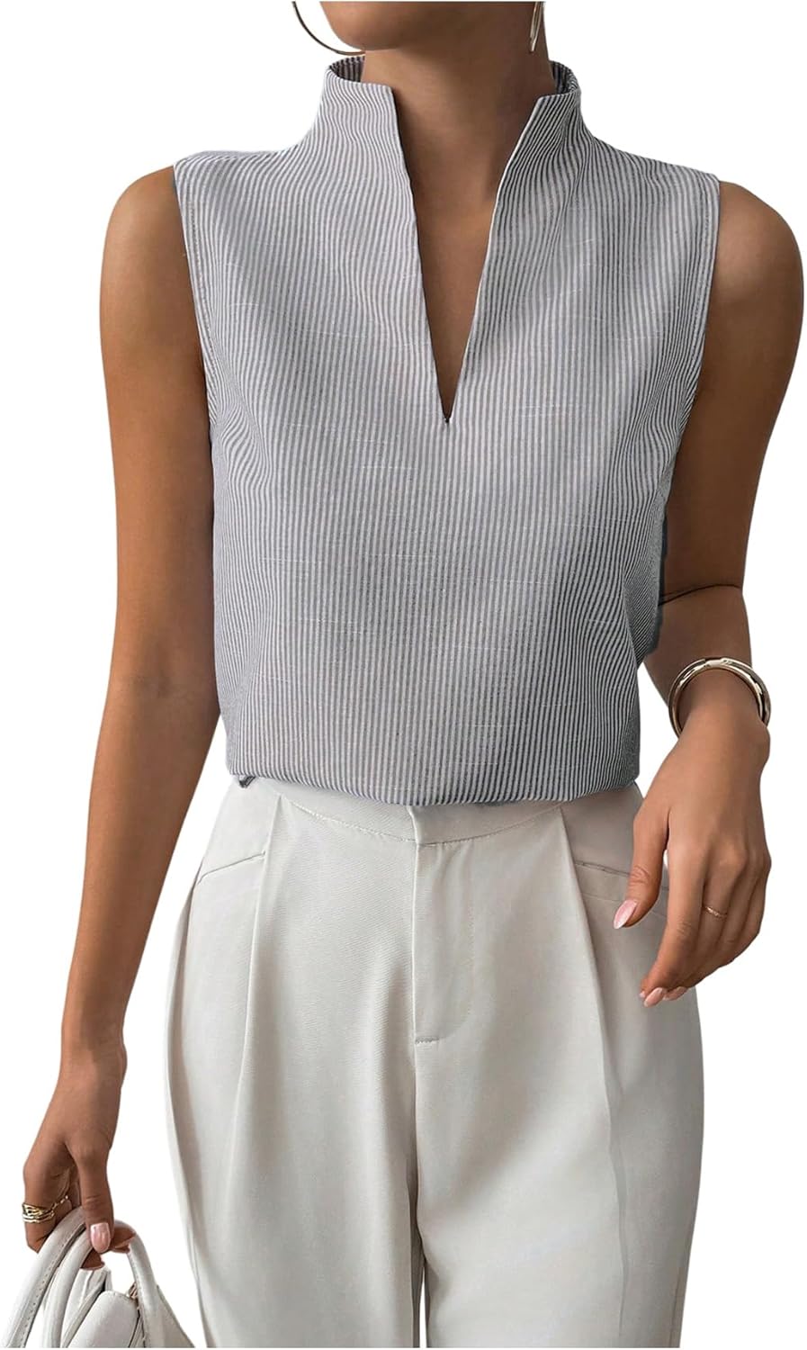 SOLY HUX Women's Work Outfits V Neck Sleeveless Blouses Summer Casual Tank Tops Business Office Dressy Striped Shirts