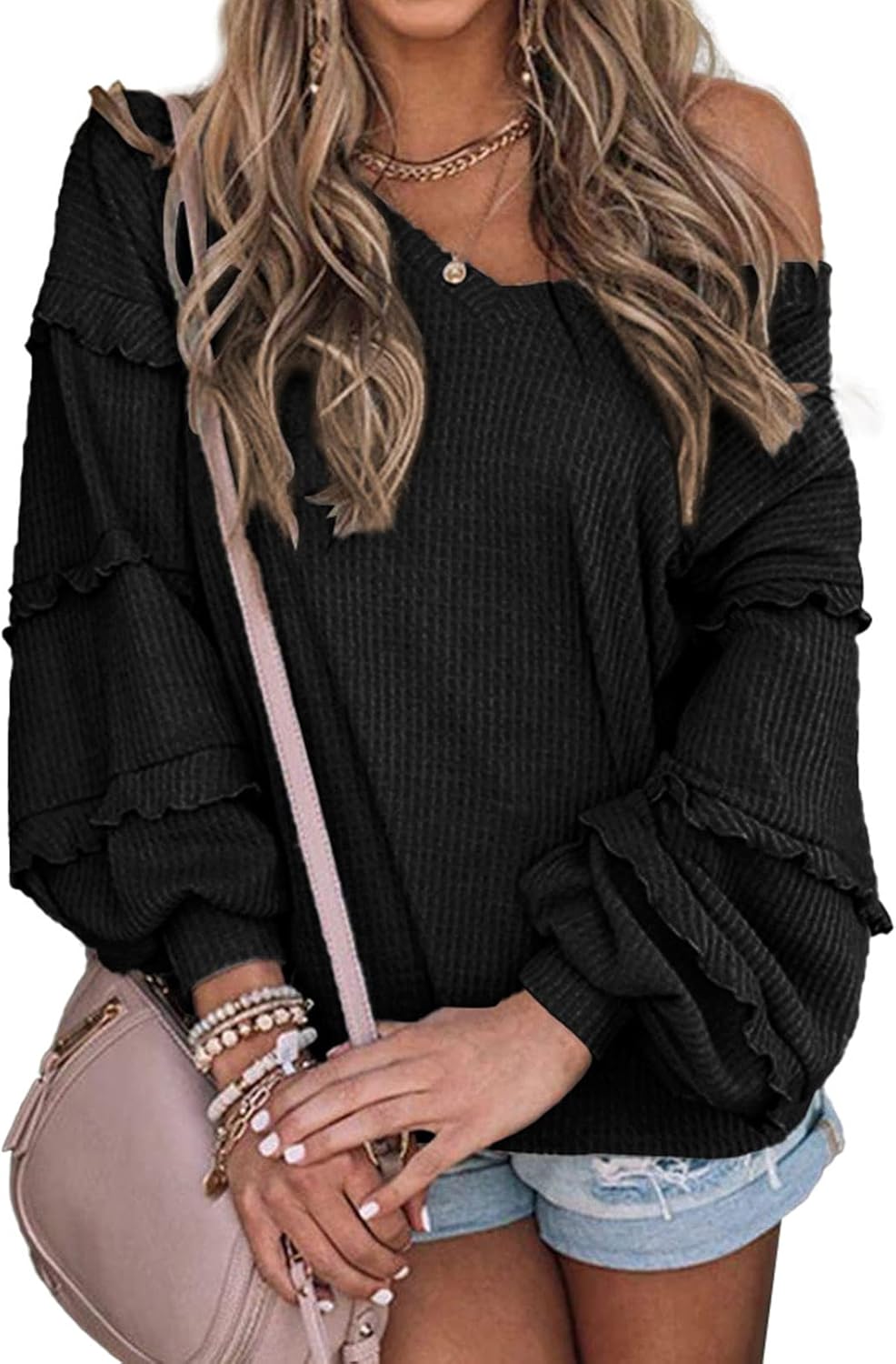 BTFBM Women's V Neck Long Sleeve Blouse Loose Fit Tunics Ruffles Off Shoulder Waffle Knit Solid Color Tops Fall Tee Shirts