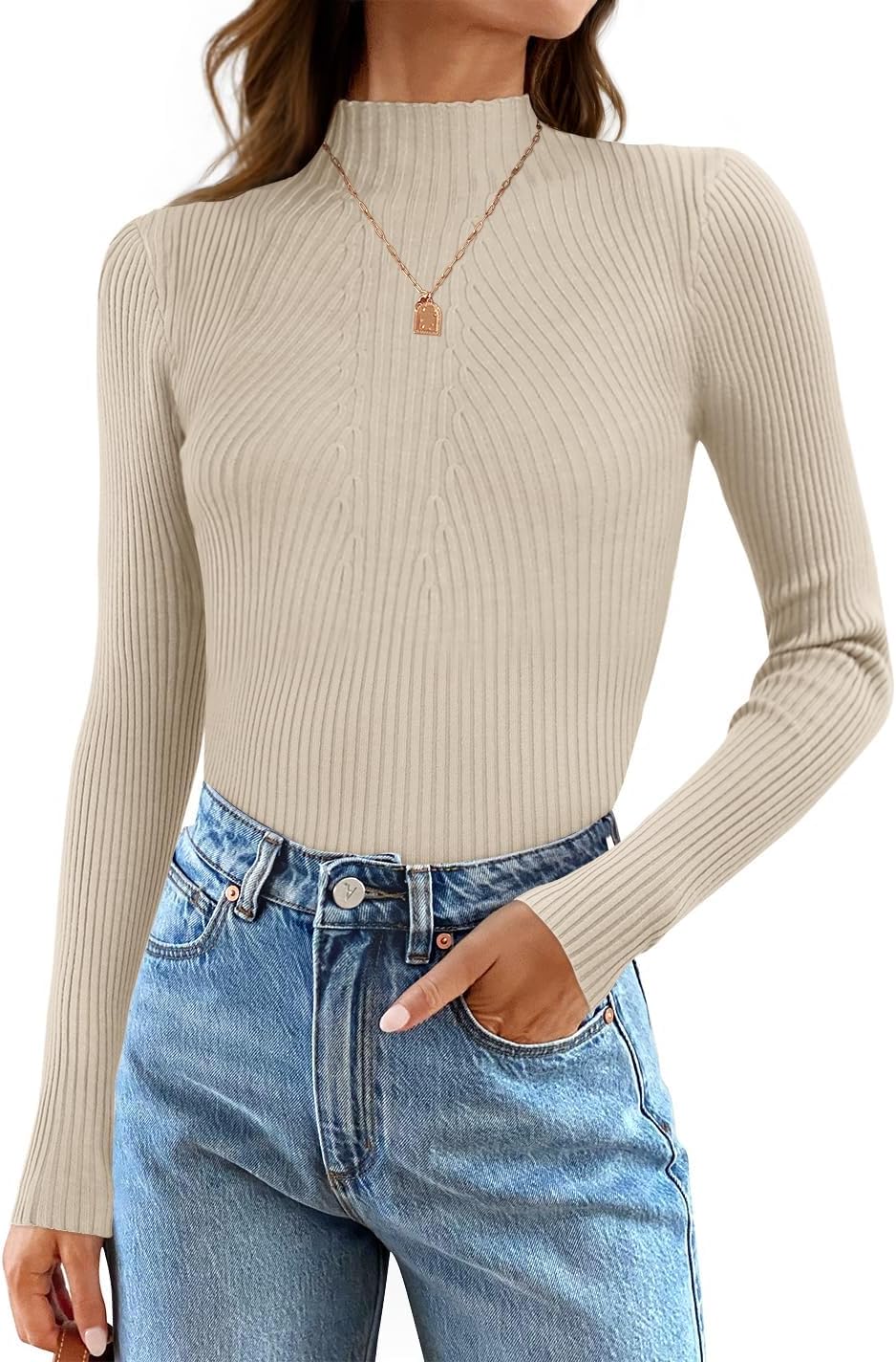 ZESICA Women's 2025 Fall Long Sleeve Turtleneck T Shirt Ribbed Knit Sweater Slim Fit Basic Casual Tee Tops