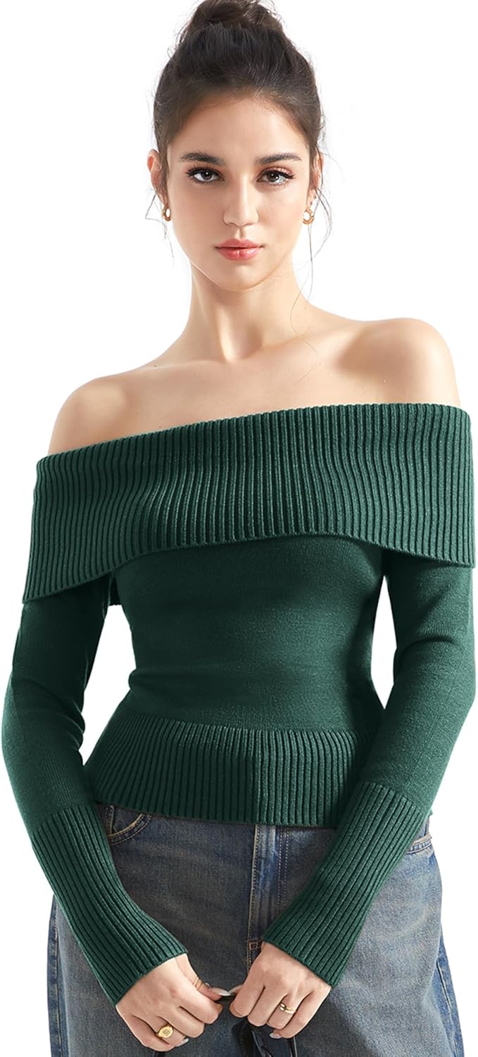 SUUKSESS Women Off Shoulder Sweaters Long Sleeve Ribbed Knit Going Out Fall Tops Blouse