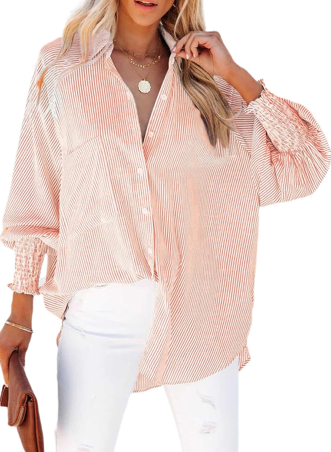 Womens Smocked Cuffed Striped Boyfriend Shirt Casual Collar Long Sleeve Oversized Button Down Blouse Tops with Pocket Shirred