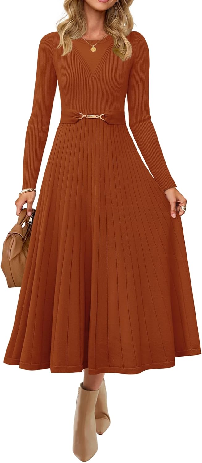 ZESICA Women's Long Sleeve Midi Sweater Dress 2025 Fall Crewneck Knit A Line Pleated Flowy Long Dresses with Belt