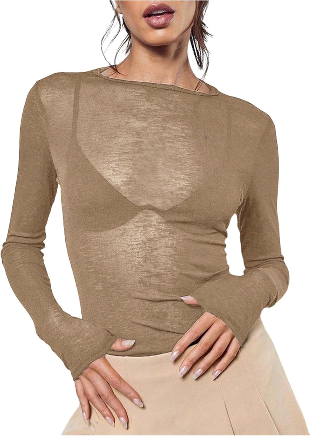 Women's Sheer Mesh Long Sleeve T Shirts Boat Neck Slim Fit Tee Tops Going Out See Through Shirts