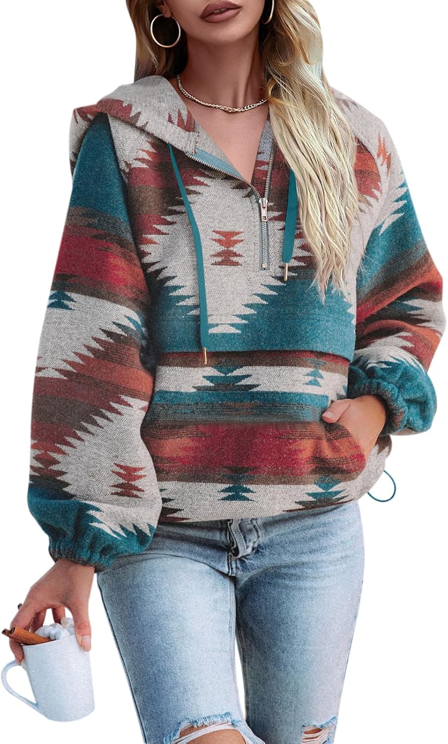 Fessceruna Womens Aztec Half Zip Up Hoodies Sweatshirt Casual Long Sleeve Oversized Ethnic Tribal Hooded Pullover Shirt Top