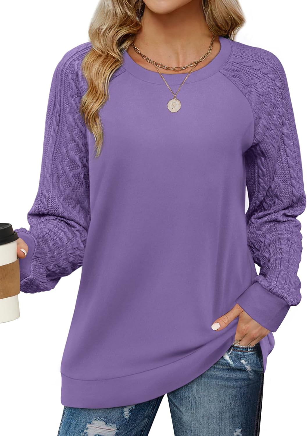 Saloogoe Sweatshirts for Women Crewneck Cable Knit Sleeve Sweaters Lightweight Fashion 2025