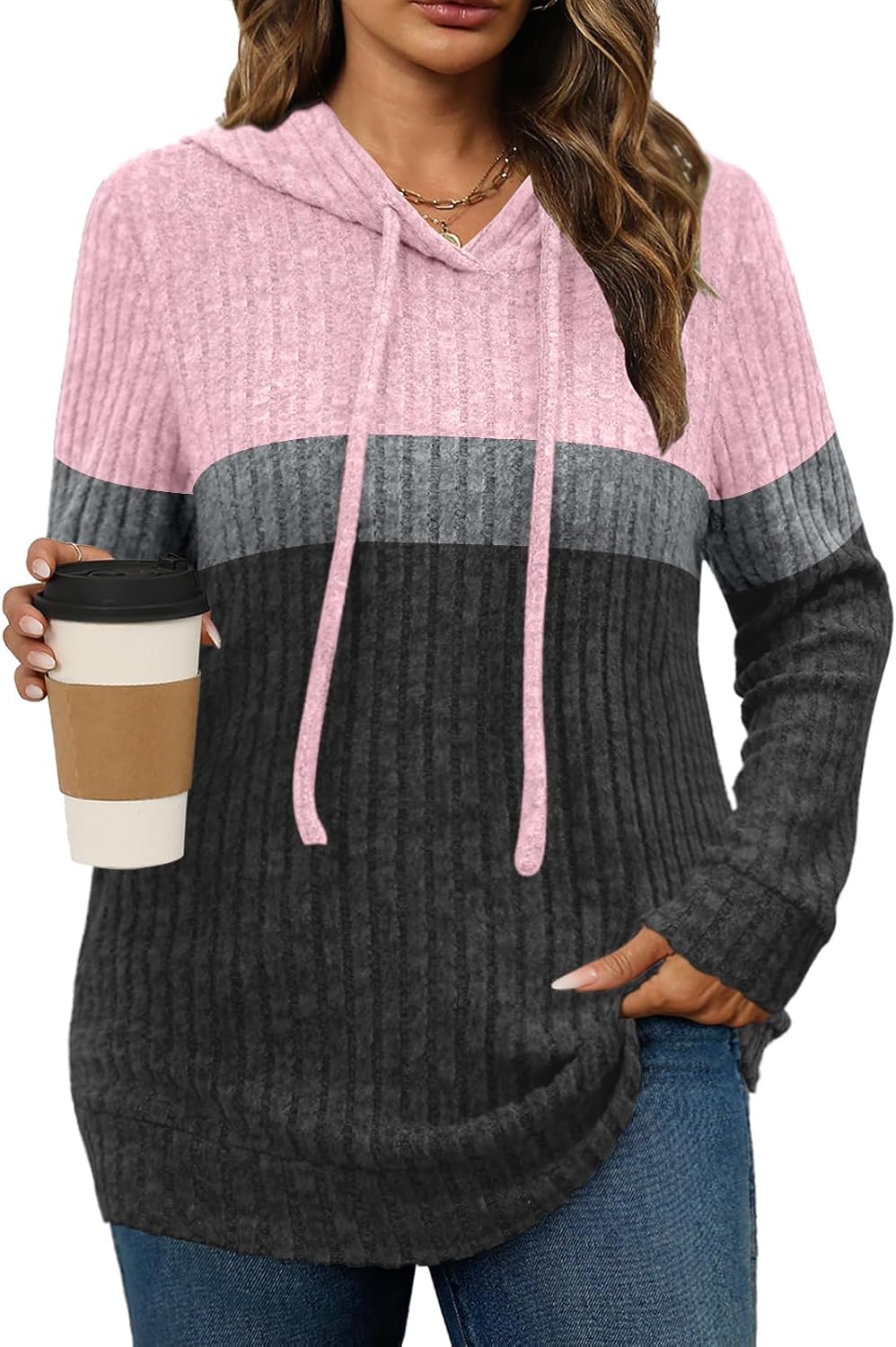 Womens Plus Size Lightweight Ribbed Knit Hoodie Sweaters Casual Long Sleeve Pullover Tops for Fall Winter L-4XL