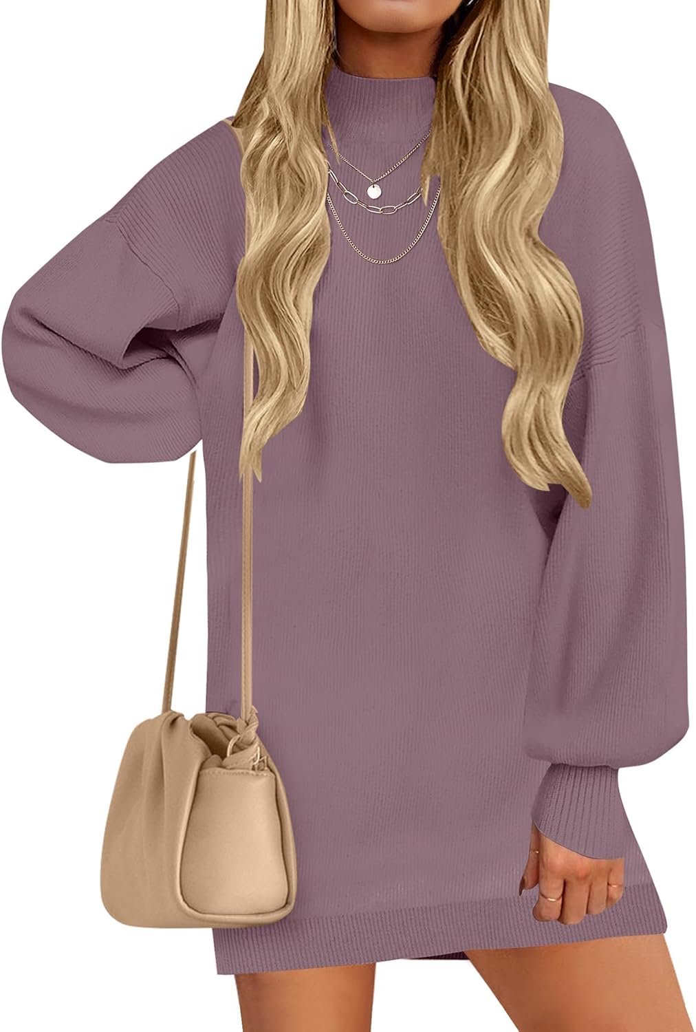 ZESICA Women's 2025 Fall Turtleneck Sweater Dress Oversized Long Lantern Sleeve Casual Knit Pullover Mini Dresses