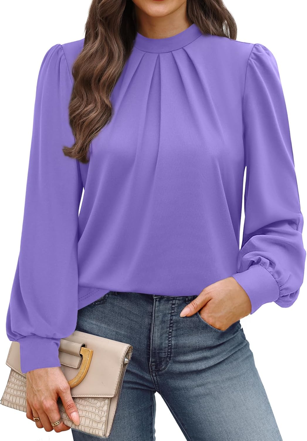 WIHOLL Long Sleeve Shirts for Women Mock Neck Tops Pleated Front Blouses Dressy Casual Fall Clothes 2025 Fashion