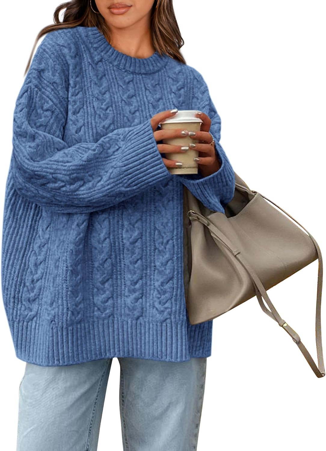 Okiwam Women's Oversized Sweaters Crewneck Cable Knit Pullover Casual Loose Fall Outfits Fashion Clothes 2025