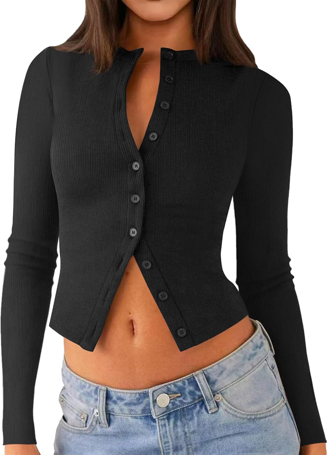 Womens Long Sleeve Tops Fall Lightweight Cardigan Cropped Going Out Shirts Ribbed Button Down Cute Trendy 2025