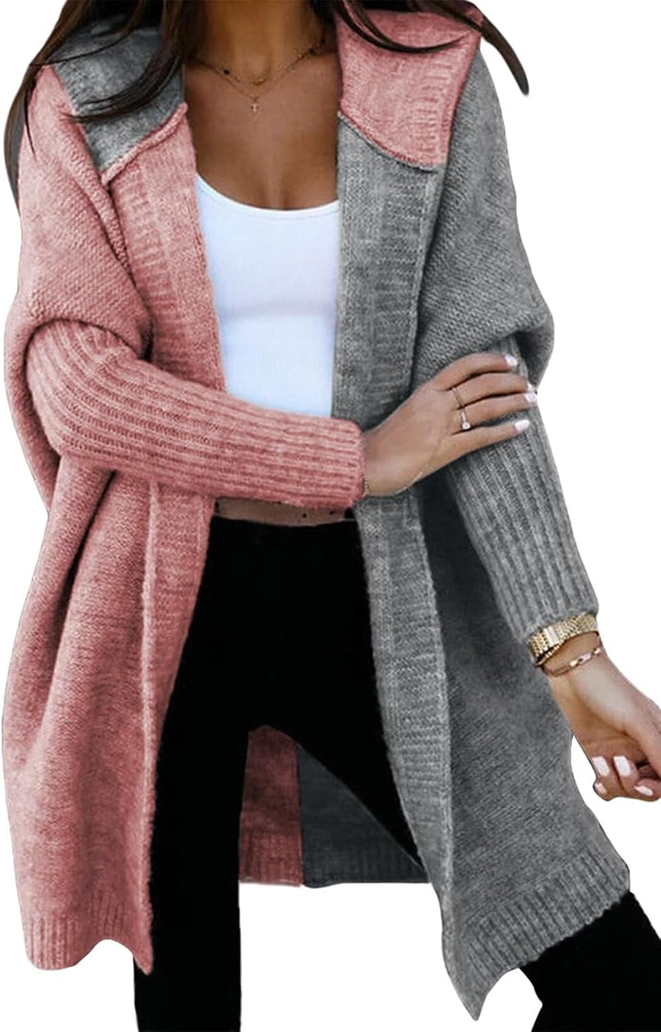 Astylish Women 2025 Fall Outfits Open Front Long Sleeve Hooded Knit Cardigan Sweaters Color Block Outwear Coats