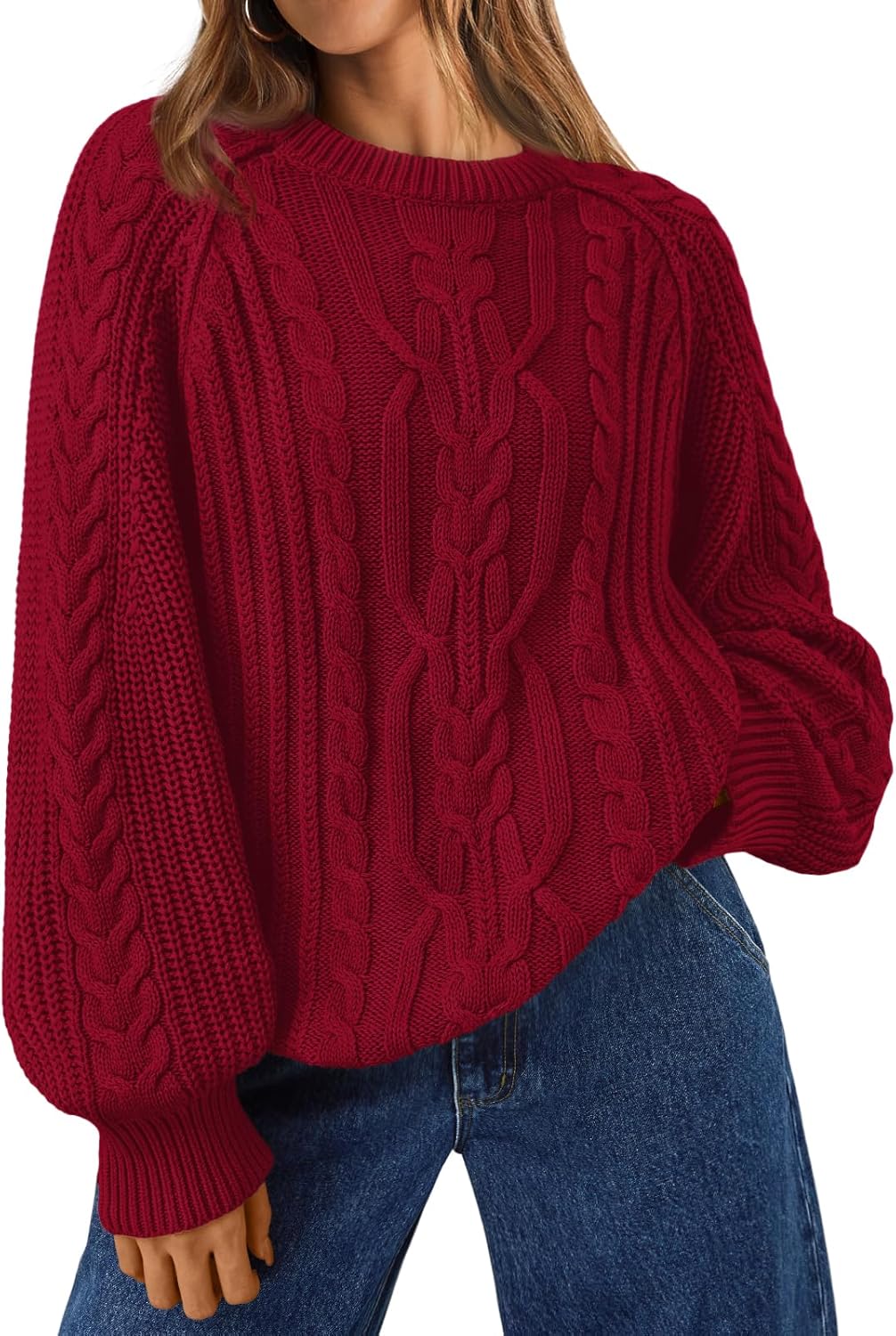 Trendy Queen Women's Oversized Cable Knit Crewneck Fall Pullover Sweaters