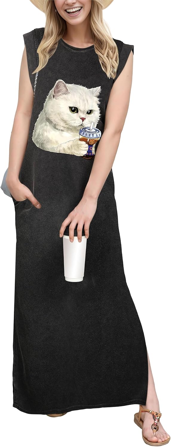 GRECERELLE 2025 Women Year-Round Casual Round Neck Loose Split Wrinkle-Free Long Maxi Vacation Dress with Pockets (XS-3XL)