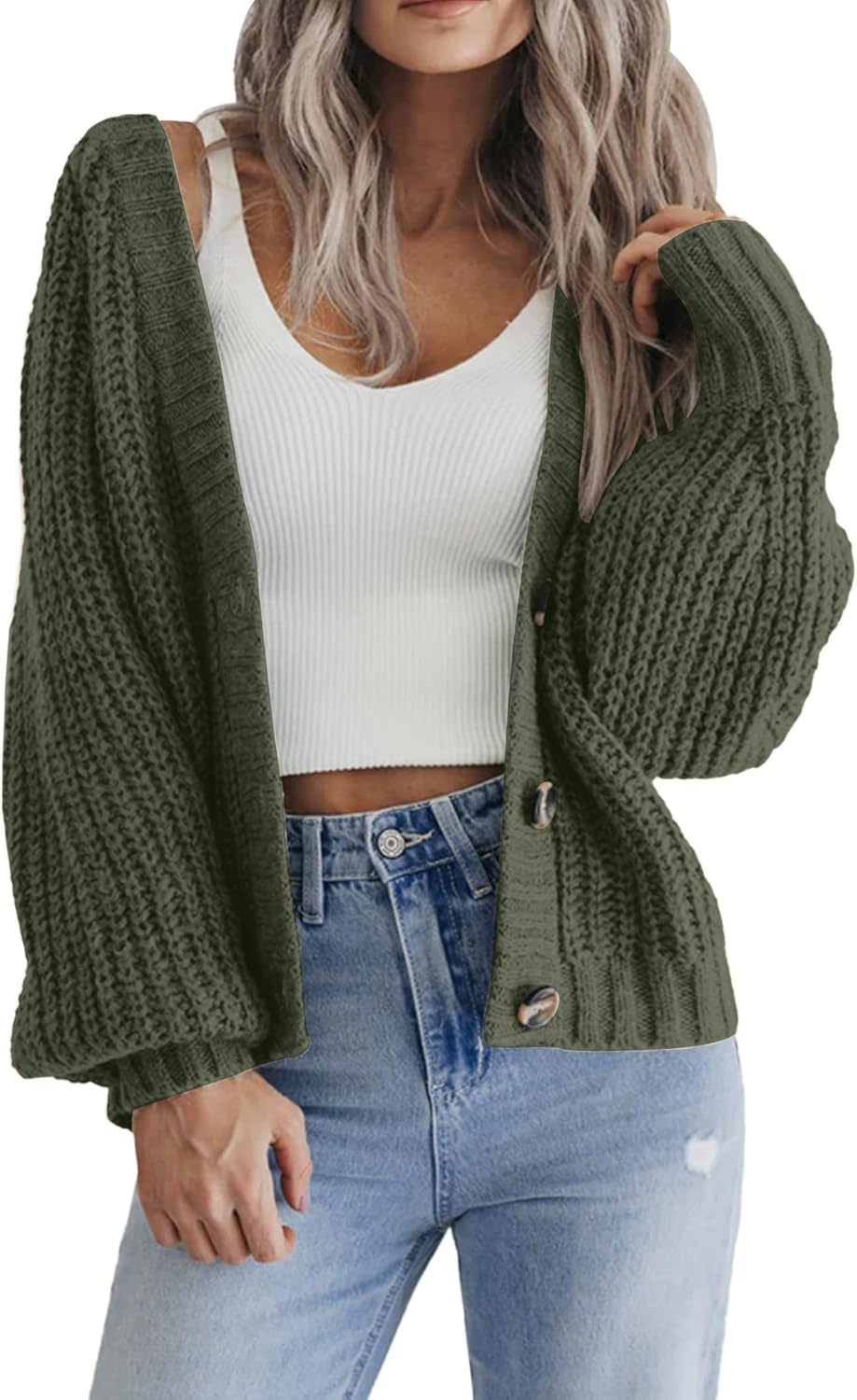 Zeagoo Women's 2025 Fall Chunky Knit Cardigans Open Front Long Sleeve V Neck Button Loose Cardigan Sweaters