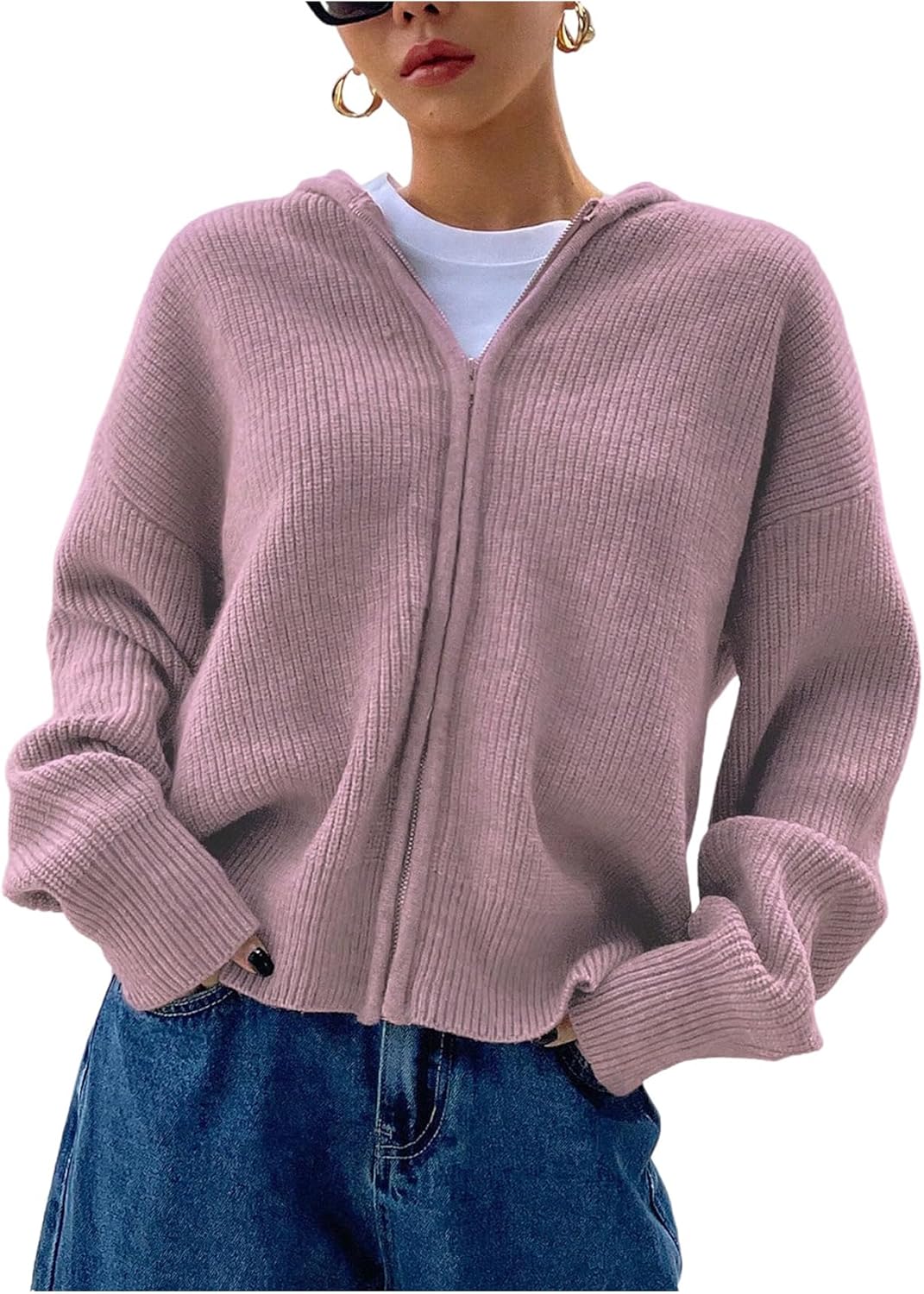 SOLY HUX Zip Up Cardigan for Women Hooded Cardigan Sweater Knitted Drop Shoulder Fall Clothes Winter Hoodies Outerwear