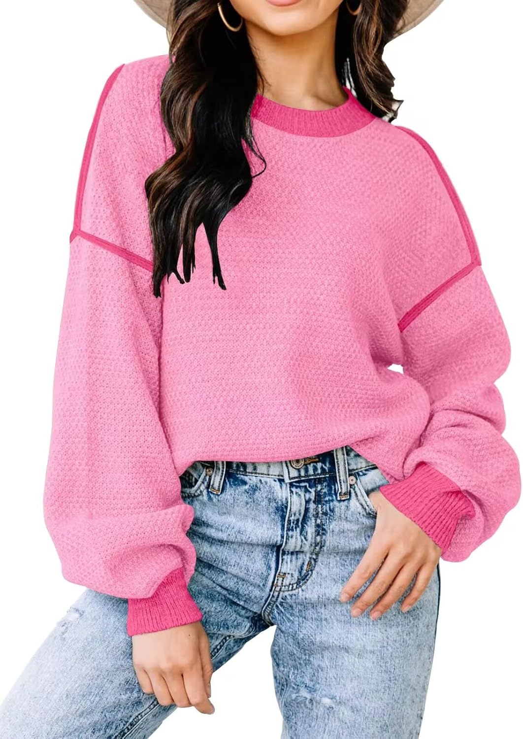 Womens Sweaters Fall 2025 Fashion Long Sleeve Color Block Oversized Sweater Trendy Casual Crew Neck Knitted Tops Pullover