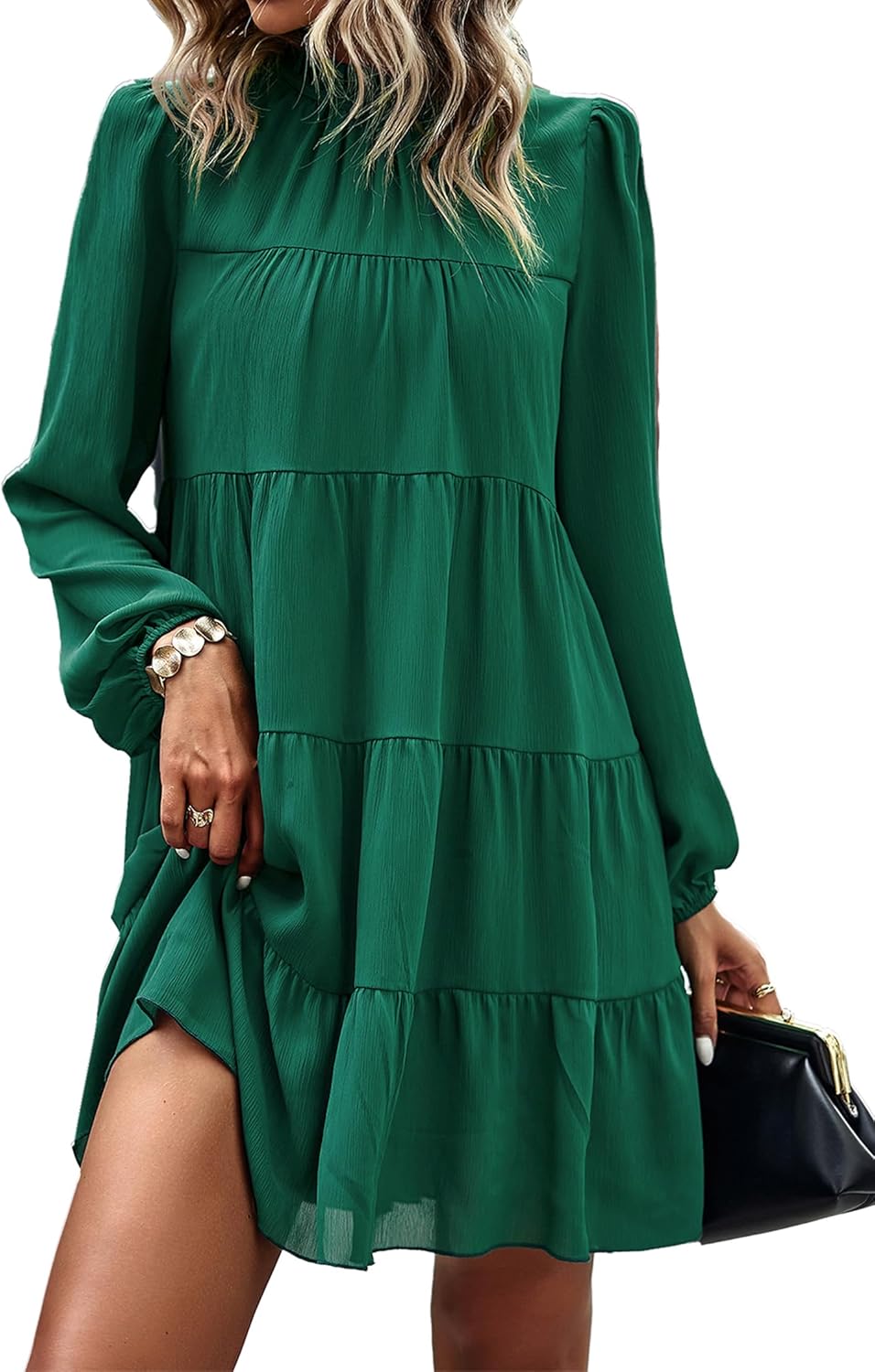 KIRUNDO Long Sleeve Baby Doll Dresses Women 2025 Casual Fall Winter Ruffle Mock Neck Tiered Mini Flowy Swing Shift Dress