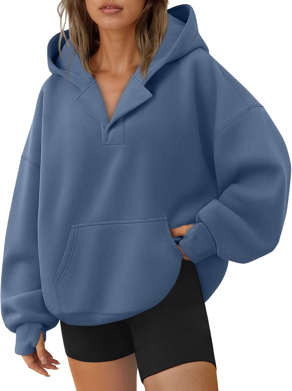 Trendy Queen Womens Oversized V Neck Hoodies with Thumb Hole Pullover Sweatshirts Y2k Clothes Fall Fashion Outfits 2025