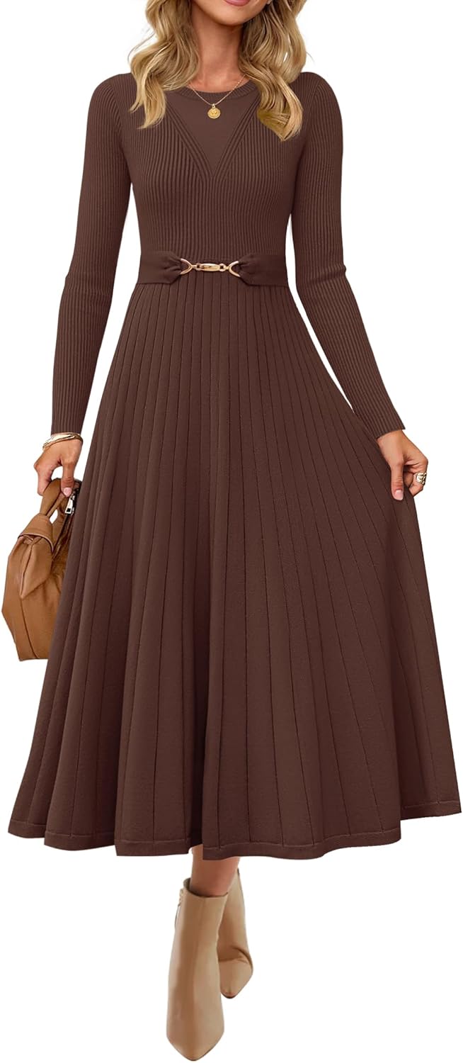 ZESICA Women's Long Sleeve Midi Sweater Dress 2025 Fall Crewneck Knit A Line Pleated Flowy Long Dresses with Belt