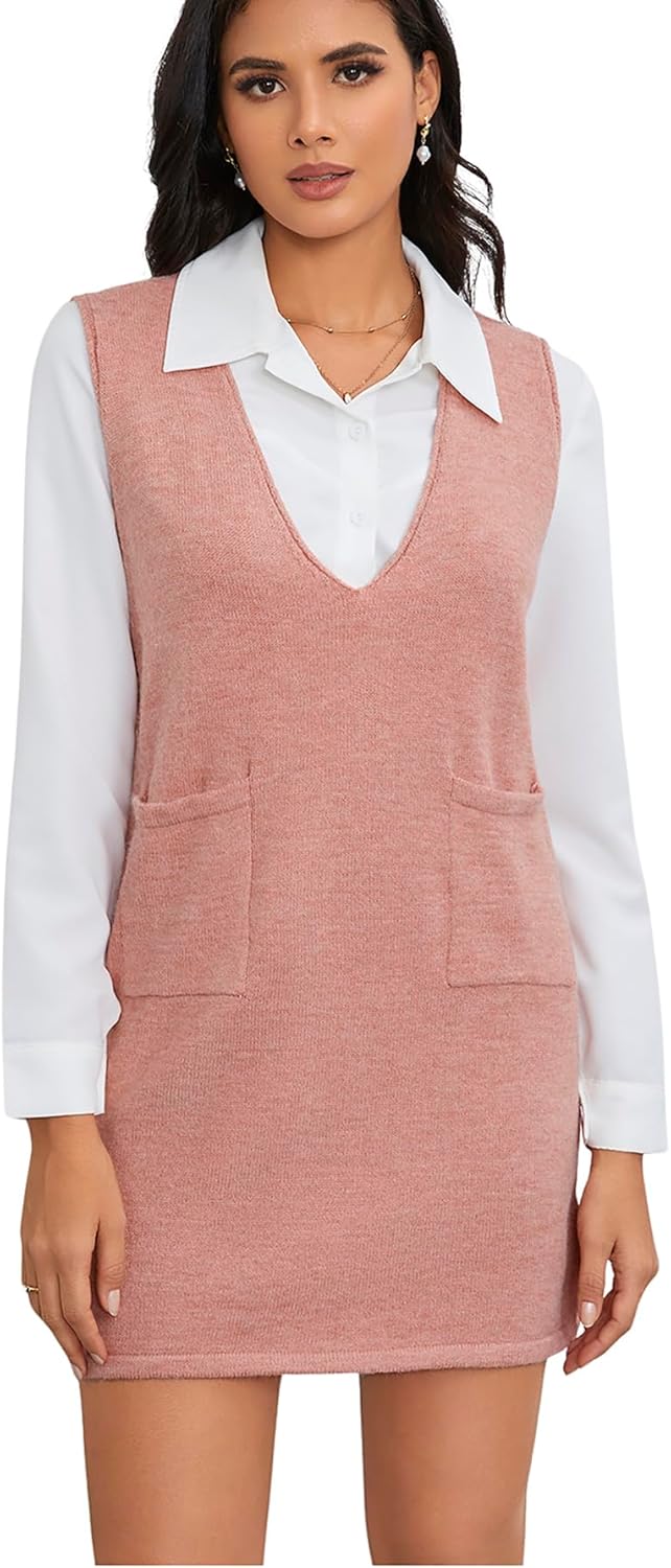OYOANGLE Women's V Neck Sleeveless Knitted Solid Short Sweater Dress with Pockets