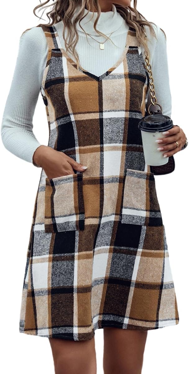 IDEALSANXUN Plaid Overall Dress for Women Fall Winter Sleeveless Plaid Dresses with Pockets