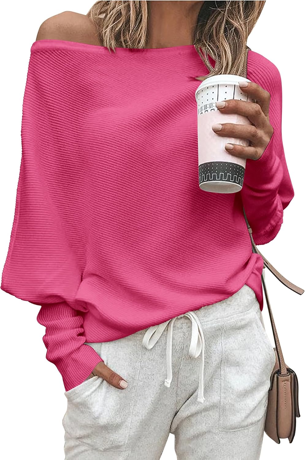 Zenlonr Women's Fall Sweaters 2025 Casual Long Batwing Sleeve Loose Off Shoulder Knit Pullovers Jumper Tops