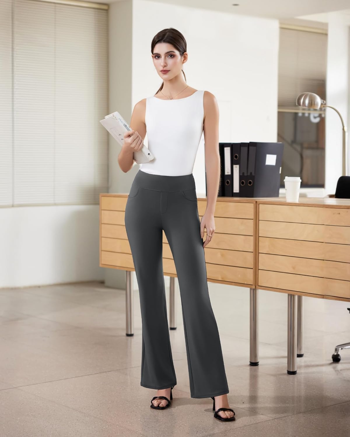 Womens Dress Pants Stretchy Work Pants Business Casual Office Trousers Pull On Flare Slacks with 4 Pockets