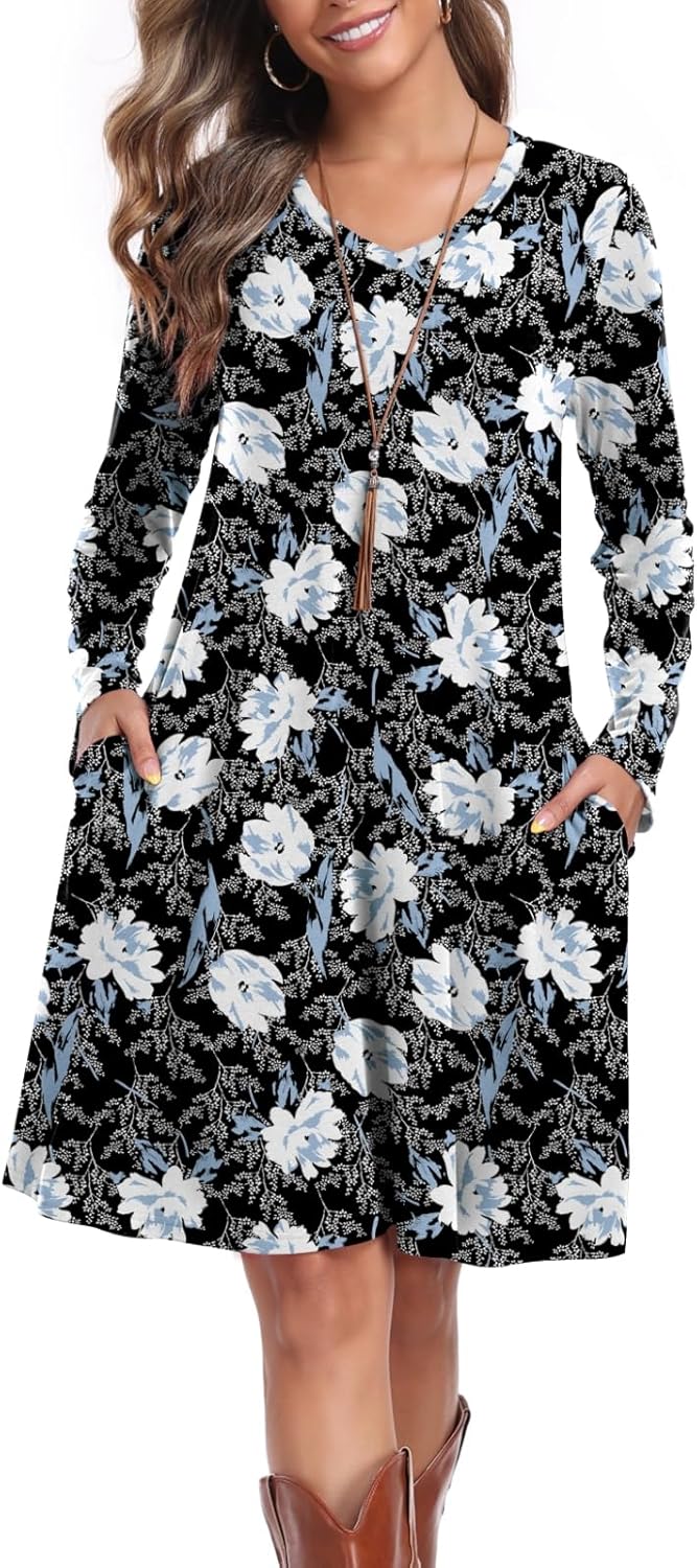 Women's Casual T Shirt Dresses Fall Long Sleeve Swing Dress with Pockets