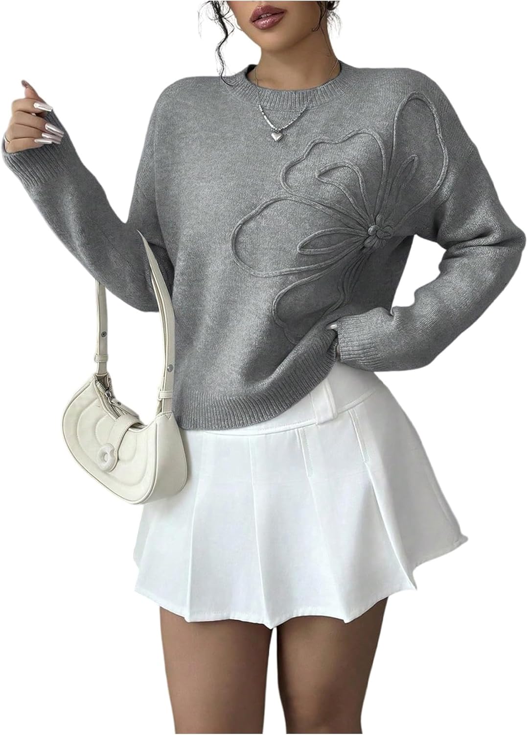 Women's 3D Floral Appliques Crewneck Sweaters Long Sleeve Drop Shoulder Pullovers Elegant Knit Tops