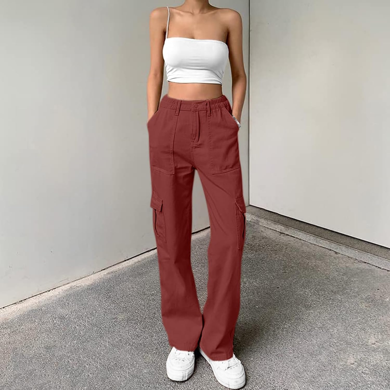 Lepunuo Cargo Pants for Women High Waisted Casual Pants Baggy Stretchy Wide Leg Y2K Streetwear with 6 Pockets