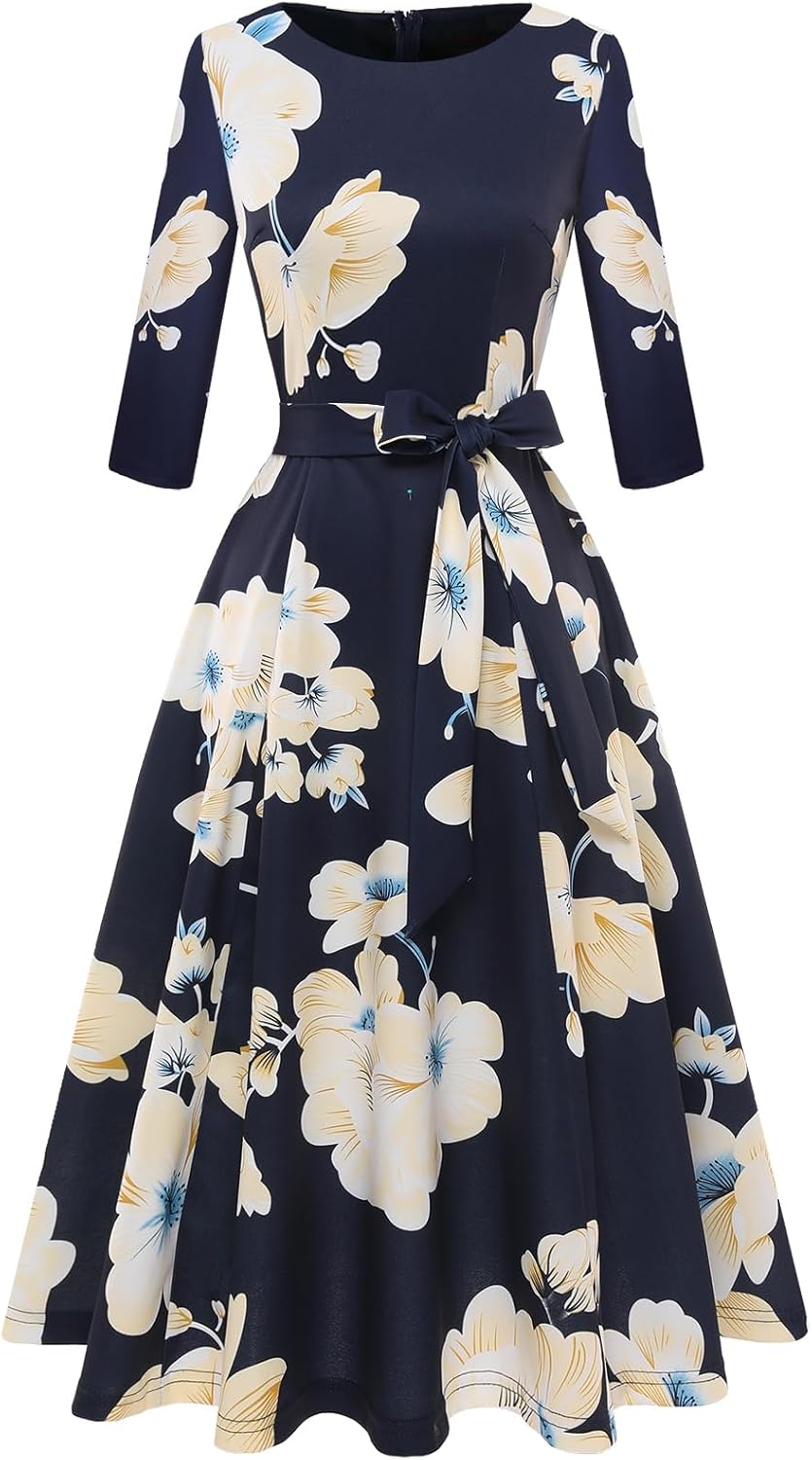 DRESSTELLS Cocktail Dresses for Women, Vintage Wedding Guest 3/4 Sleeves Formal Church Holiday Dress