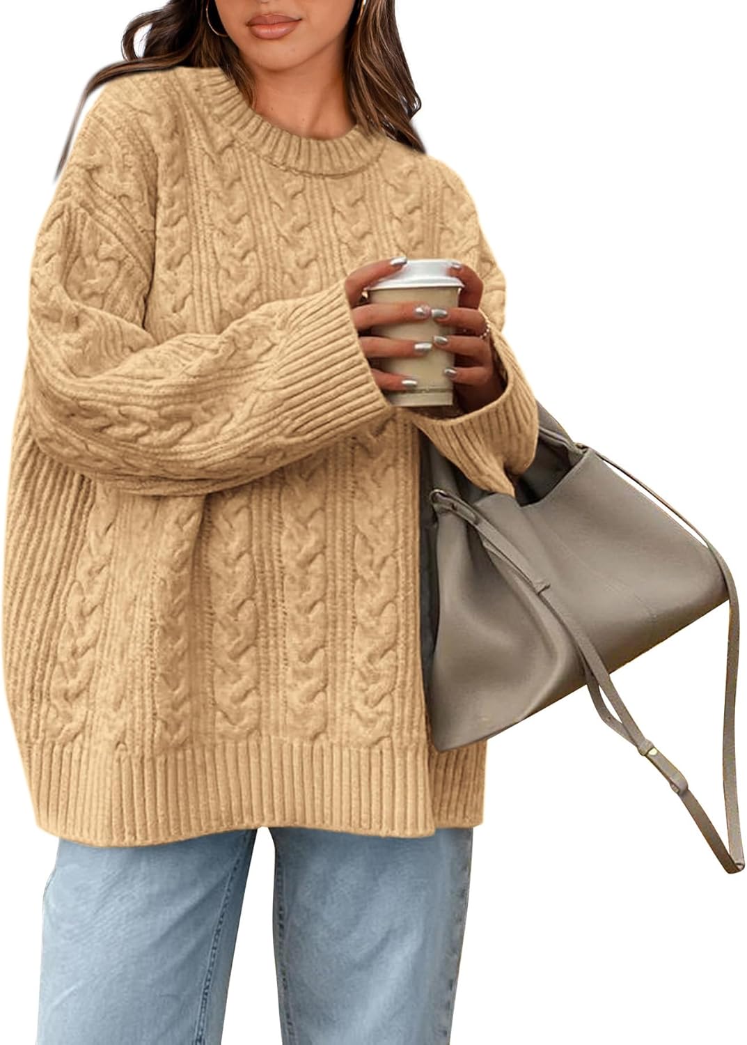 Okiwam Women's Oversized Sweaters Crewneck Cable Knit Pullover Casual Loose Fall Outfits Fashion Clothes 2025