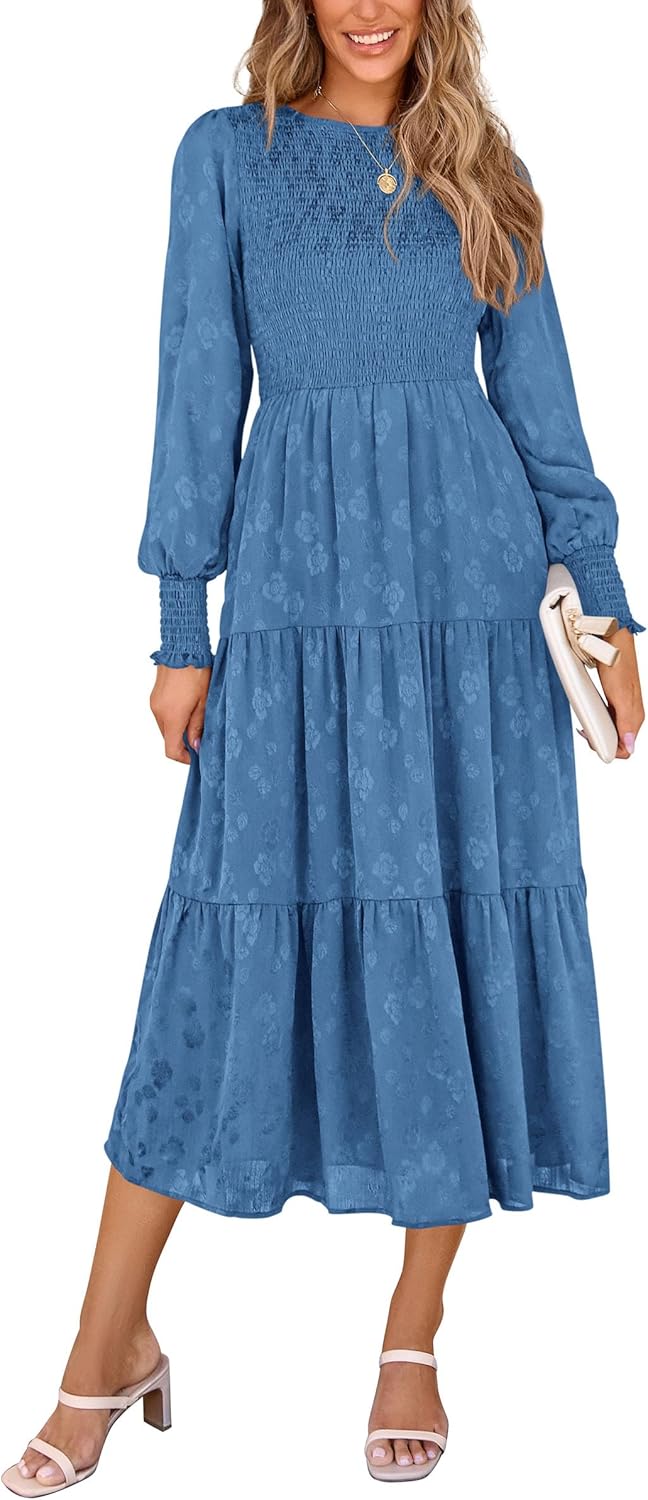 PRETTYGARDEN Women's Fall Spring Midi Dress Long Sleeve Floral Smocked Elegant Wedding Guest Long Flowy Dresses with Pockets