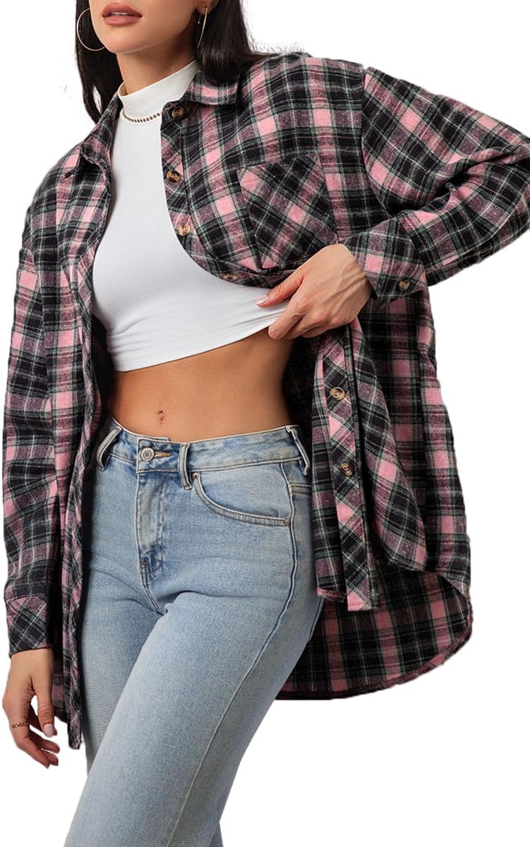 CHYRII Womens Button Down Flannel Shirts Long Sleeve Plaid Shackets Business Casual Blouse Top