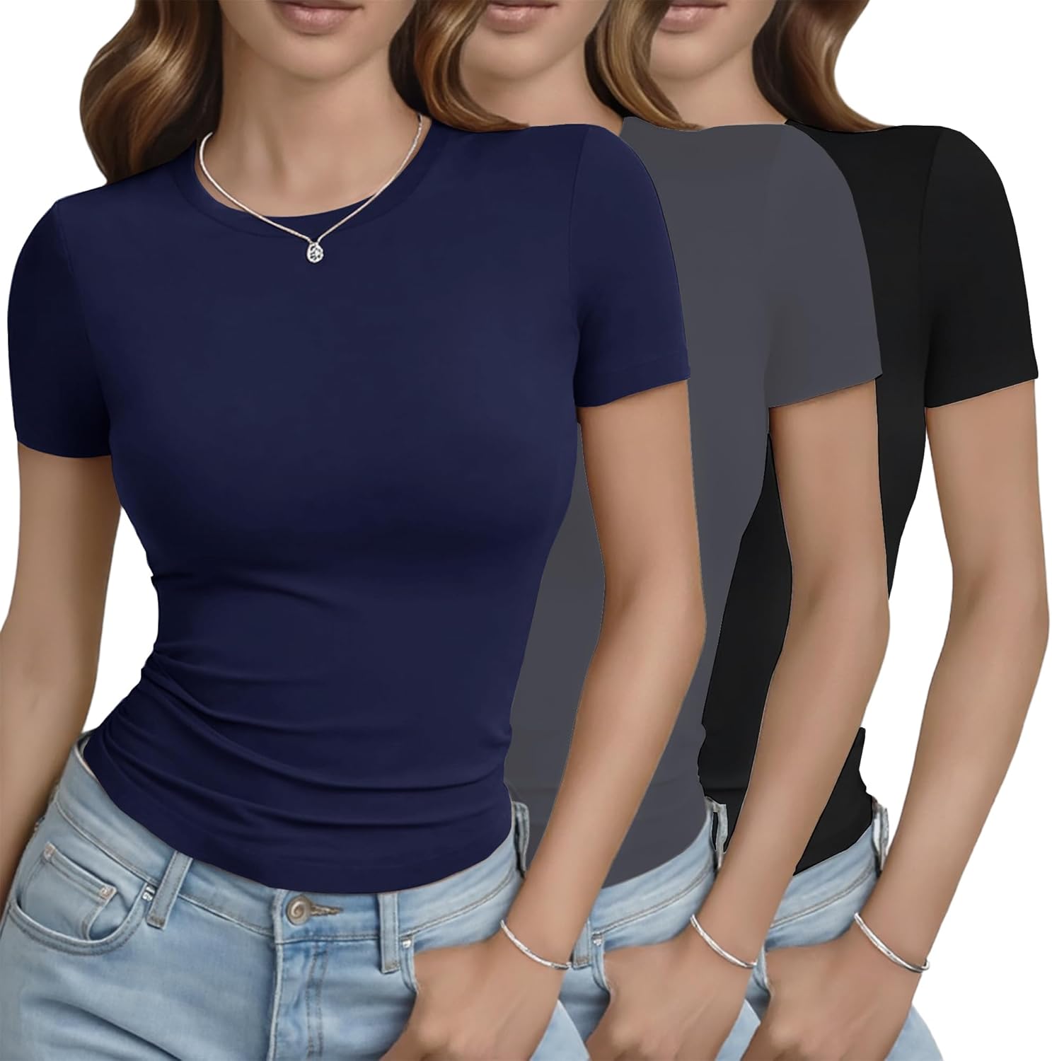 GAYHAY 3 Pack Basic Tees for Women - Crew Neck Slim Fit Tight T Shirts Cute Y2K Trendy Crop Tops Clothes for Casual Summer