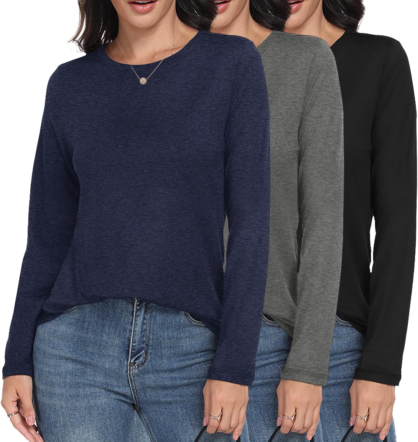 GAYHAY 3 Pack Long Sleeve Shirts for Women - Loose Fit Crew Neck Basic Tees Fall Tops Outfits Casual Clothes 2025