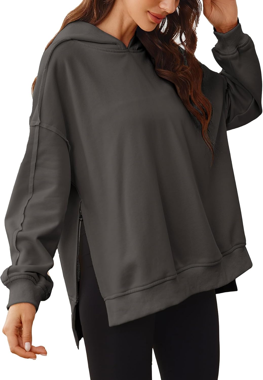 Glamaker Women's Oversized Hoodies Side Slit Zip Up Pullover Sweatshirt Casual Long Sleeve High Low Fall Clothes Top Shirts