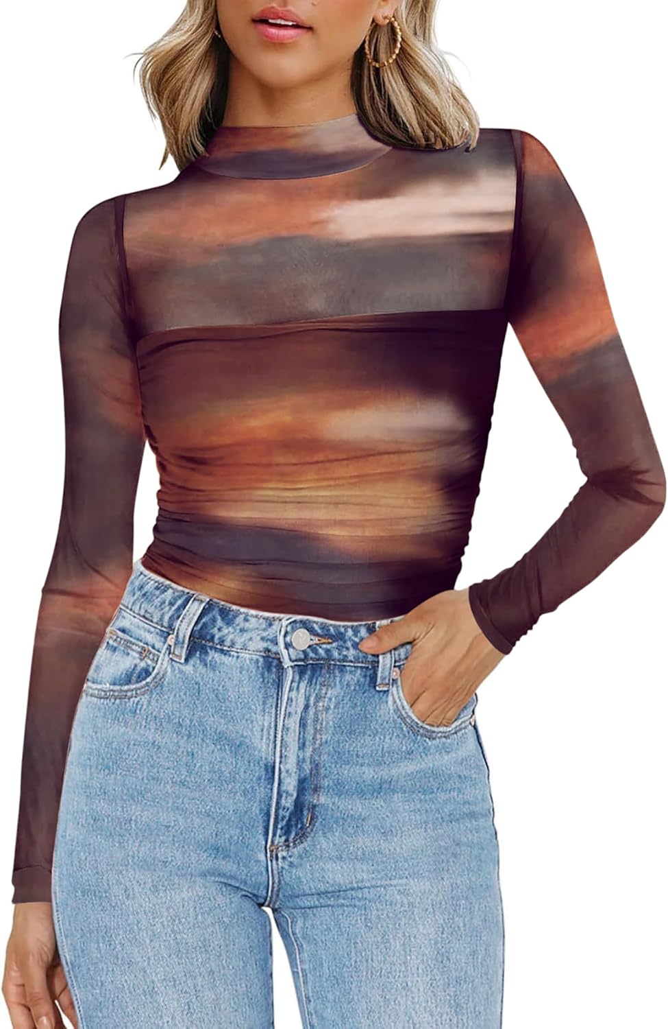 Zeagoo Womens Mesh Sheer Long Sleeve Top Mock Turtle Neck See Though Shirts Ruched Sexy Casual Going Out Blouses