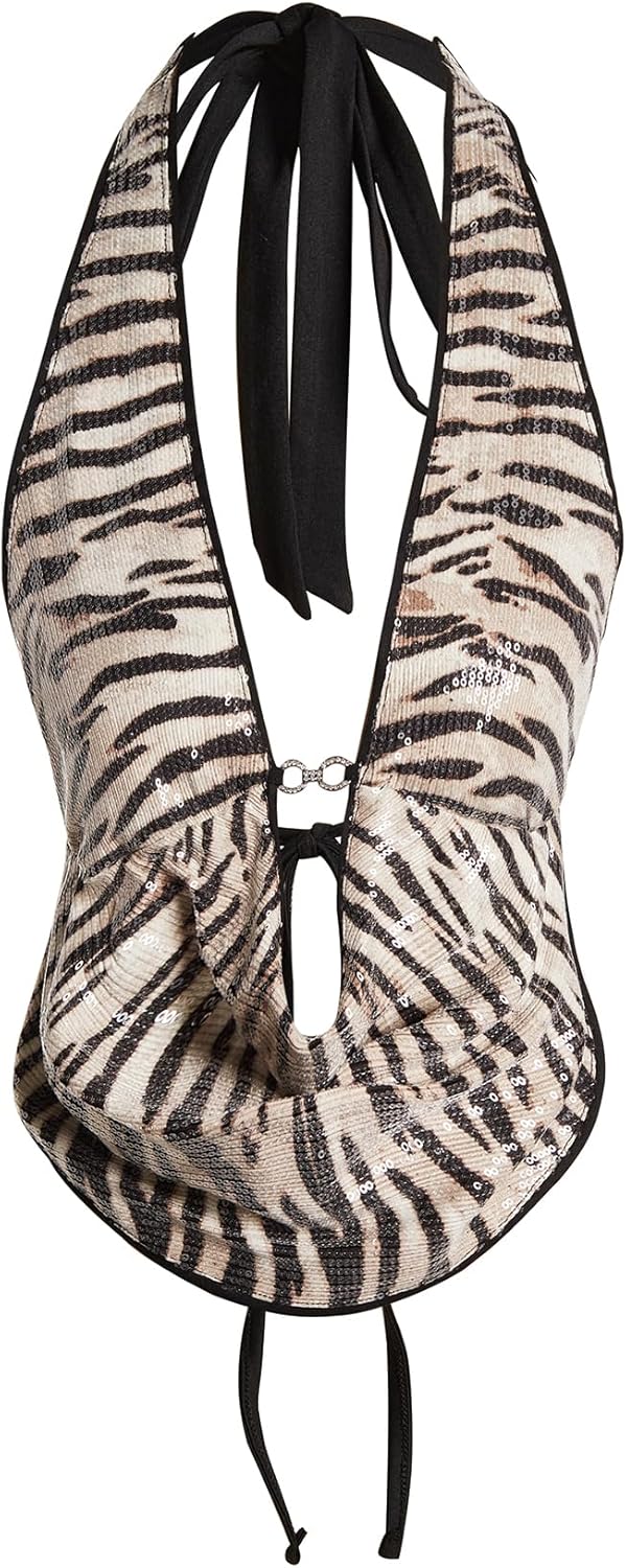 Verdusa Women's Cheetah Print Sequin Top Y2K Tie Back Corset Halter Going Out Crop Tops