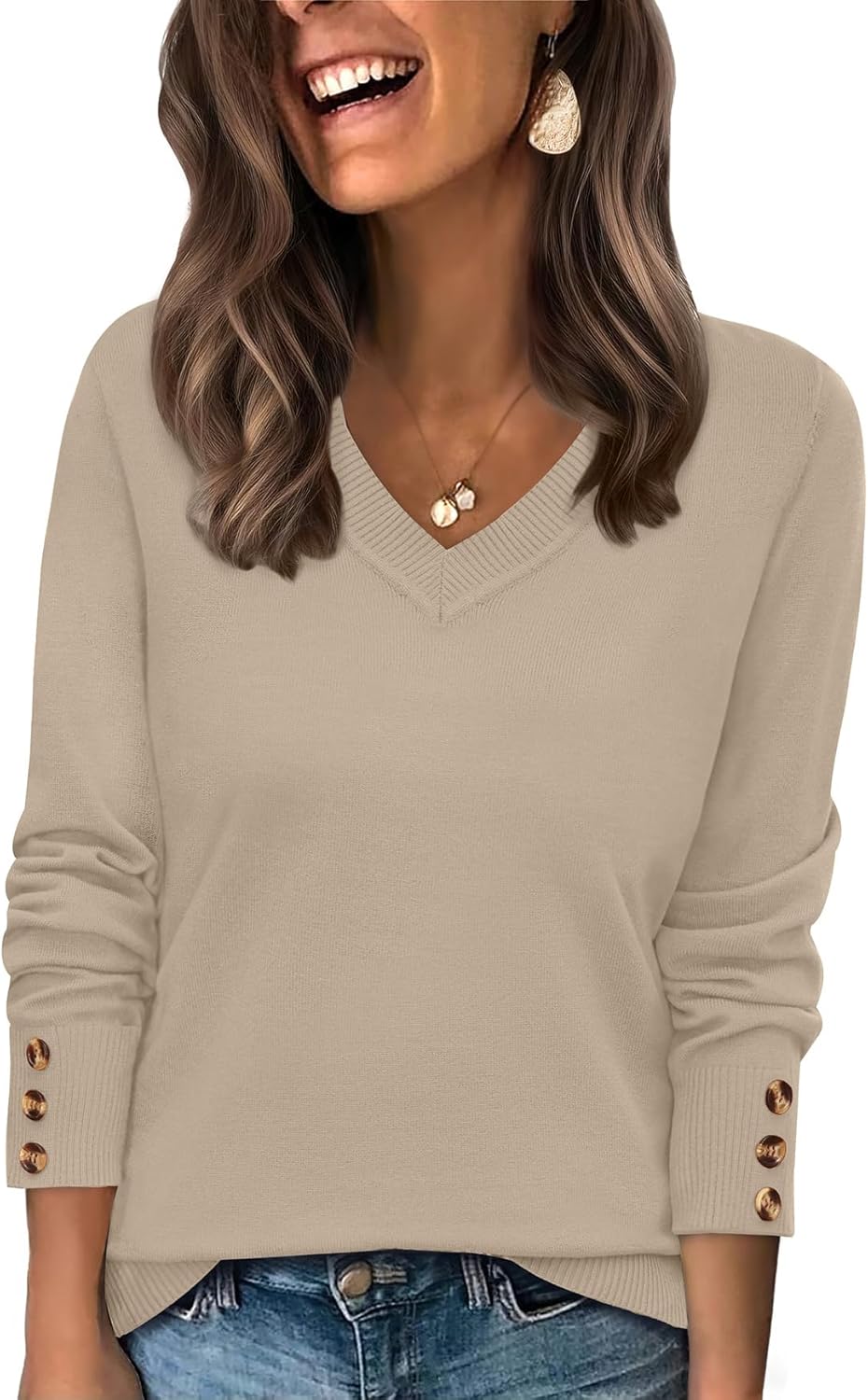 WIHOLL Lightweight Sweaters for Women Long Sleeve V Neck Knit Outfits with Decorative Buttons