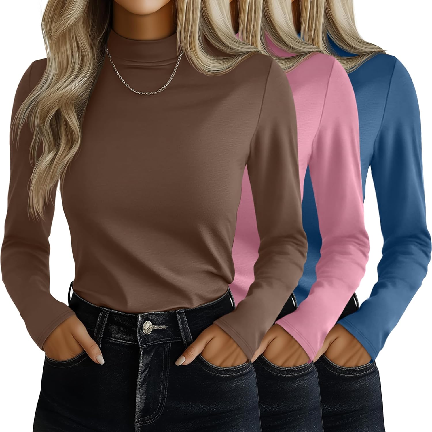 Ficerd 3 Pack Women's Mock Turtleneck Shirts, Long Sleeve Mock Neck Pullover Tops Slim Fitted Stretch Undershirt Tee Blouse