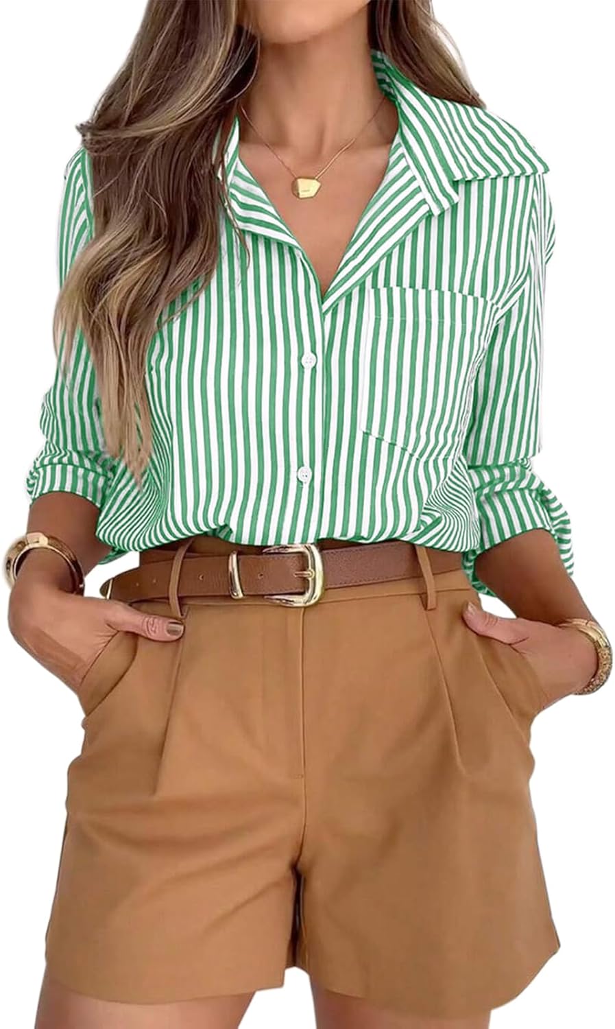 siliteelon Striped Button Down Shirts for Women Dress Shirts Long Sleeve Casual Collared Office Work Shirt with Pocket