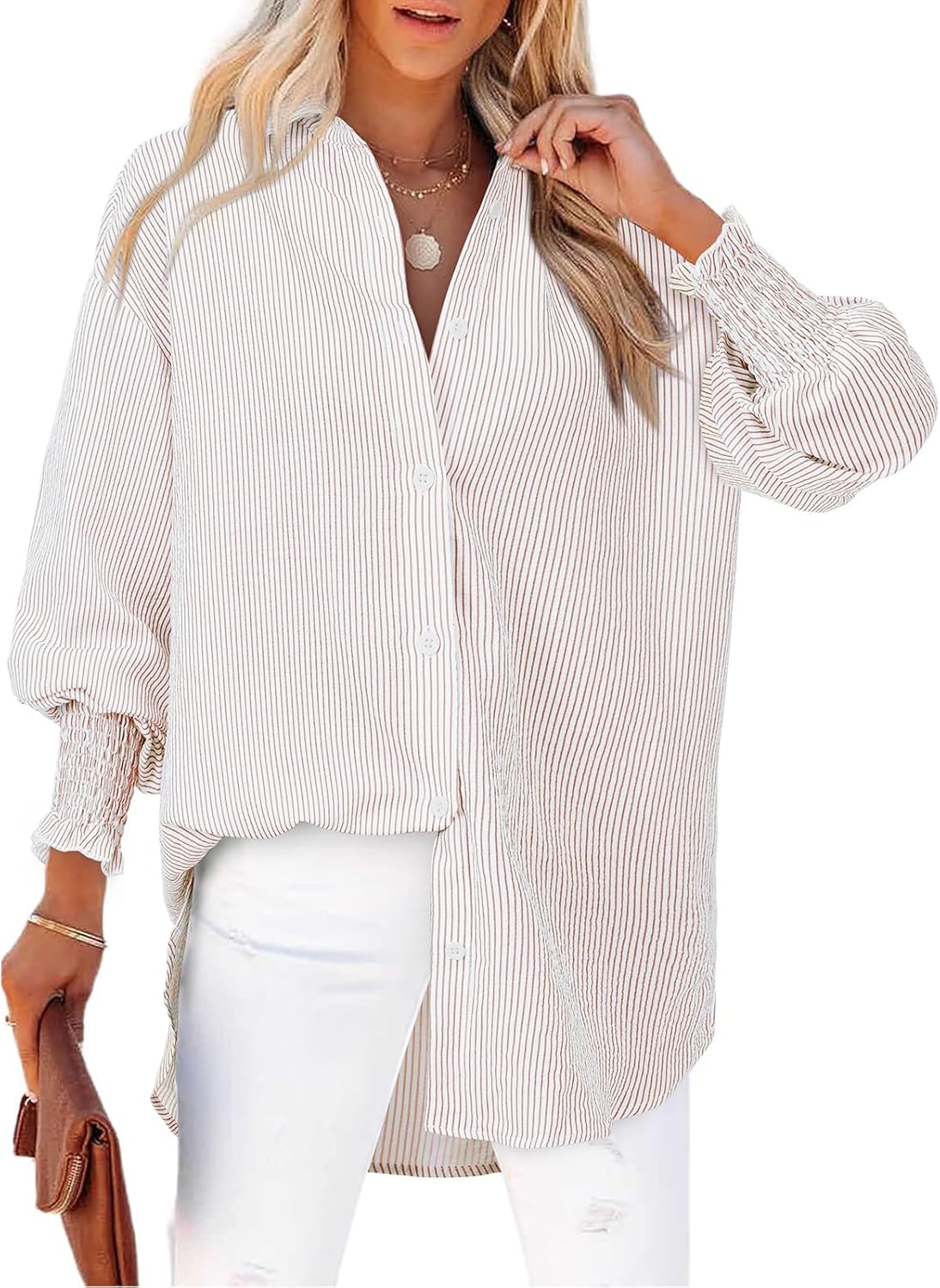 Women's Striped Button Down Shirts Long Sleeve Smocked Cuffed Oversized Boyfriend Blouses Collared Work No Pockets Tops
