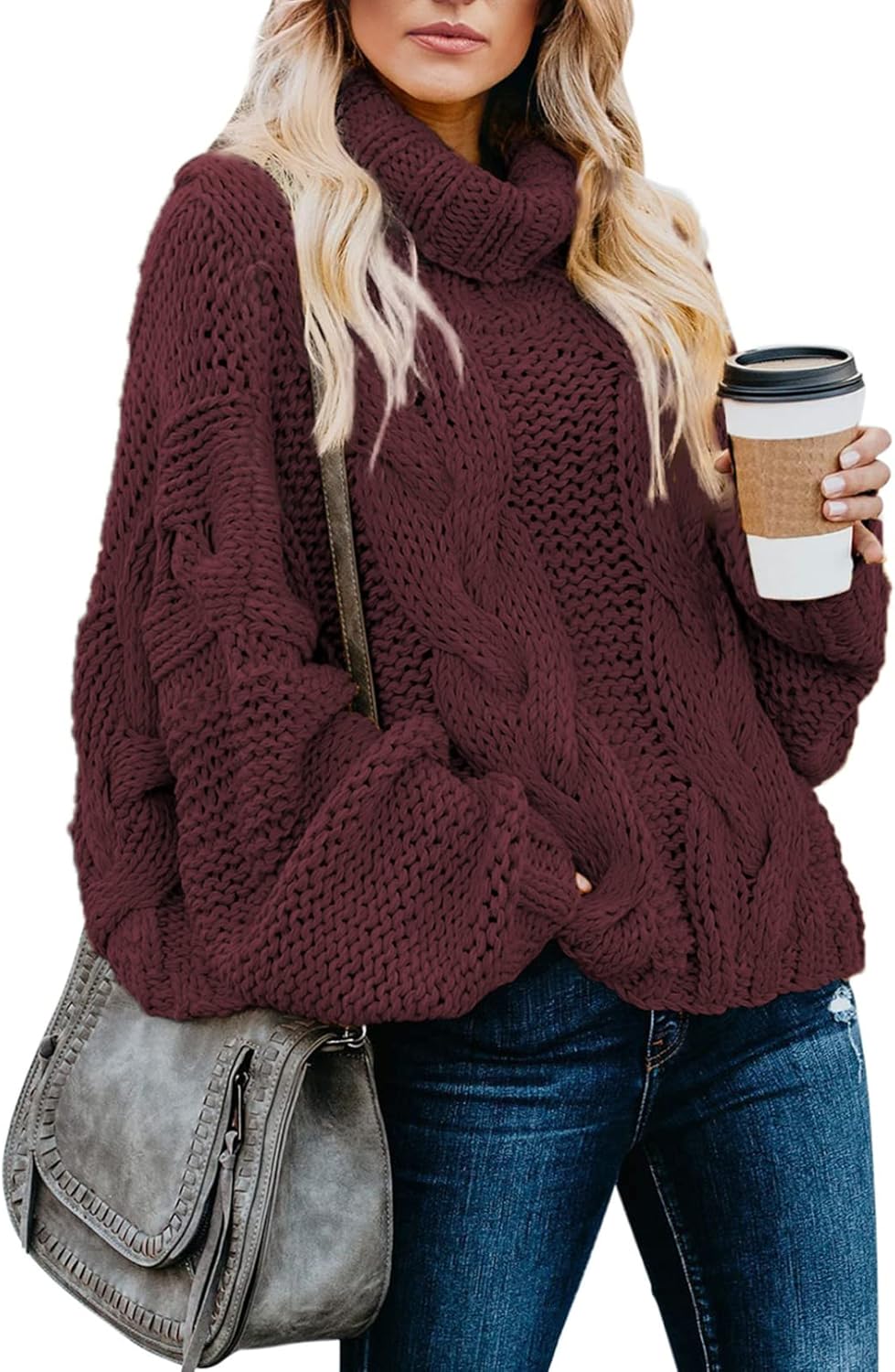 Dokotoo Womens 2025 Winter Fall Solid Turtleneck High Neck Balloon Long Sleeve Sweaters Pullover Outerwear