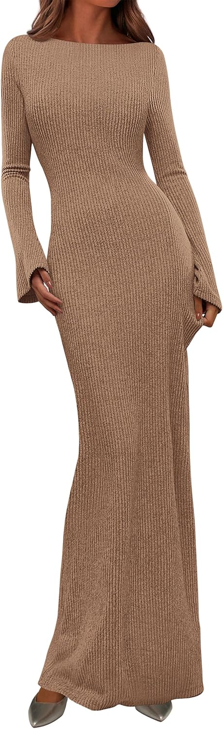 PRETTYGARDEN Women's Fall Fashion 2025 Long Sleeve Maxi Dress Ribbed Knit Boat Neck Bodycon Casual Dresses Going Out Outfits