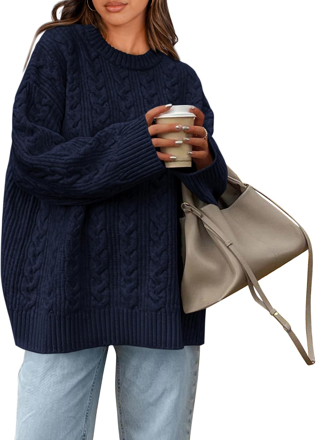 Okiwam Women's Oversized Sweaters Crewneck Cable Knit Pullover Casual Loose Fall Outfits Fashion Clothes 2025