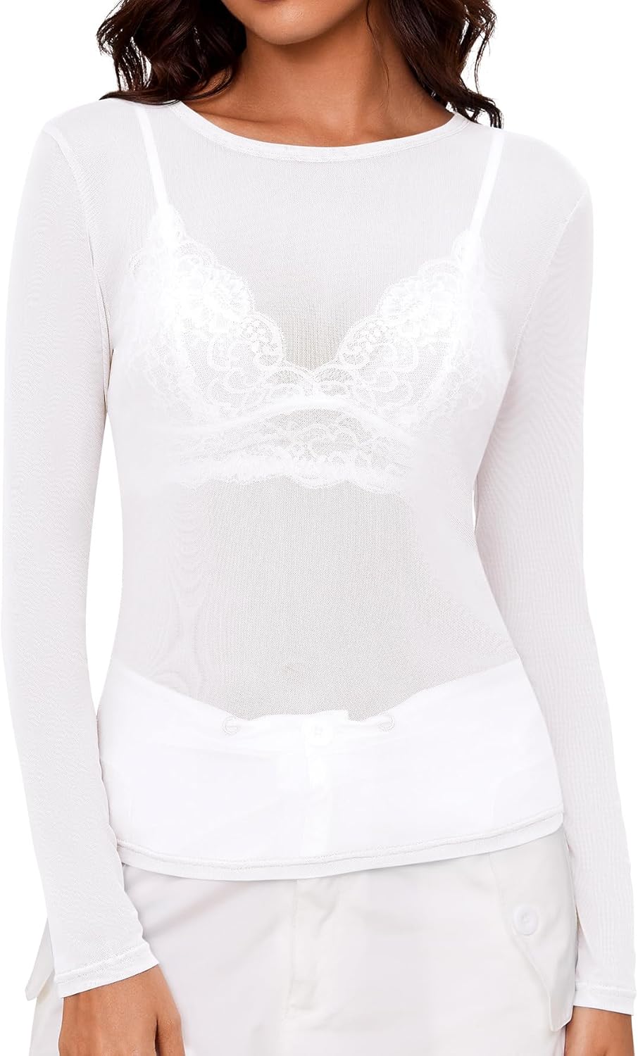 AKEWEI Womens Mesh Long Sleeve Tops Crew Neck Sexy See Through Tee Shirts Party Club Night Lace Blouse