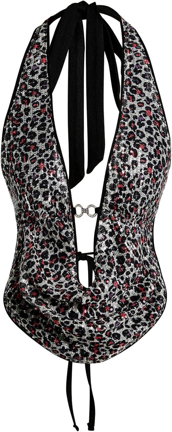 Verdusa Women's Cheetah Print Sequin Top Y2K Tie Back Corset Halter Going Out Crop Tops